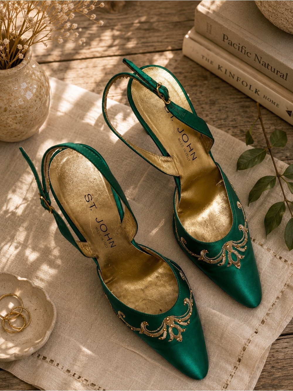 St. John Emerald Green Satin Slingback Pumps with Gold Embellishment